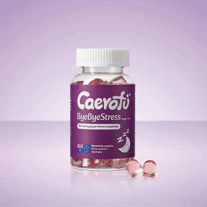 Bottle of Caerofu Bye Bye Stress gummies on a purple background